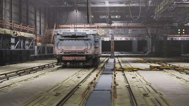 Bright hangar bay with heavy truck undergoing cargo transfer sunlit concrete floor, marked loading lanes, pallets and crates arranged for dispatch, mechanical