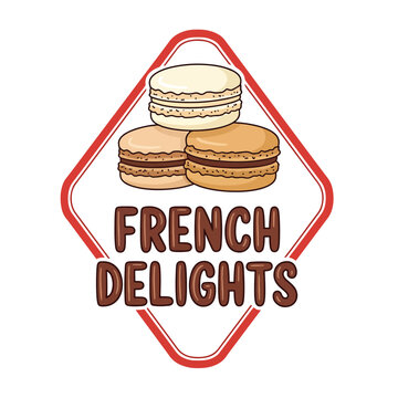 French Delights logo design with colorful macaron pastries and vintage style typography.
