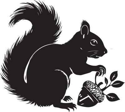 Black silhouette of a squirrel holding an acorn with leaves