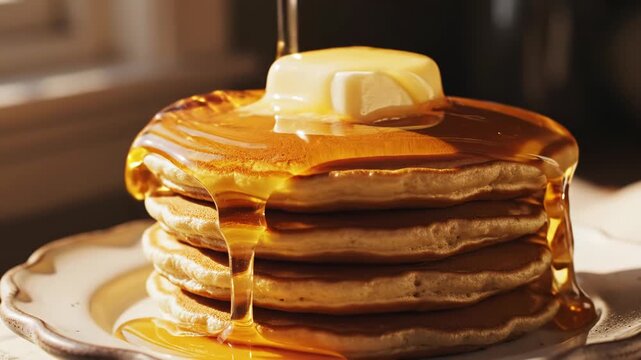 Close-up of honey pouring over a stack of golden brown pancakes with a melting butter pat, warm cinematic morning sunlight highlighting textures and drips.
