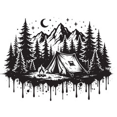 Obraz premium Graffiti style black and white ink of a camping tent in a forest with mountains, a campfire, and a crescent moon, isolated on a white background