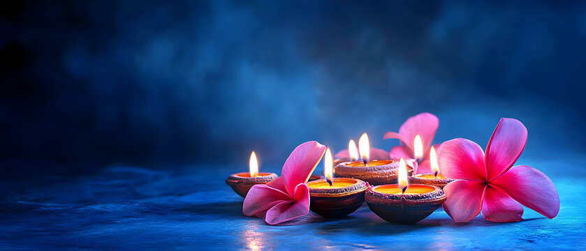 Happy�Diwali: Lighting diya oil lamps and flowers.