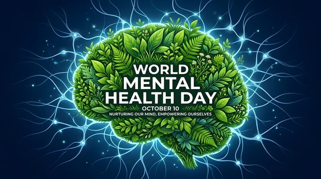 World mental health day illustration brain shaped from lush green foliage