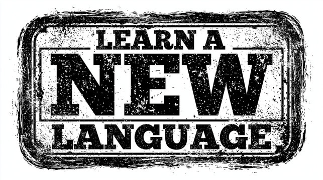 Learn a New Language Stamp: A distressed, black and white stamp with the words LEARN A NEW LANGUAGE in bold, vintage lettering, conveying a message of education and self-improvement.