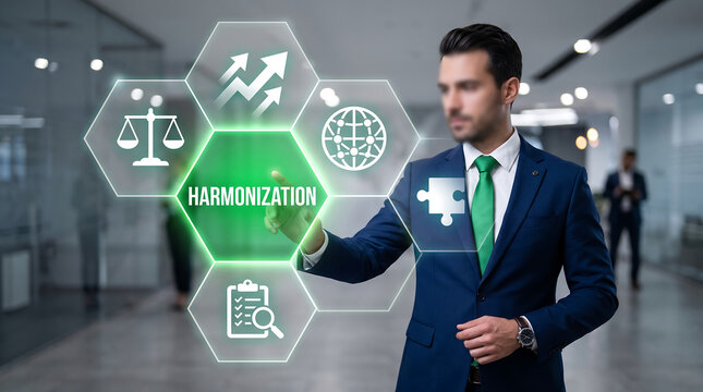 Business professional interacts with digital interface displaying healthcare harmonization icons.
