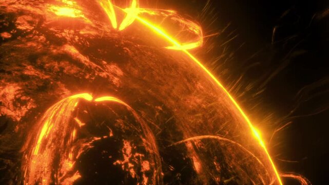 Glowing coronal loops arching over surface, sweeping luminous arcs, pulsing plasma strands, layered radiance at horizon, dramatic space weather atmosphere.