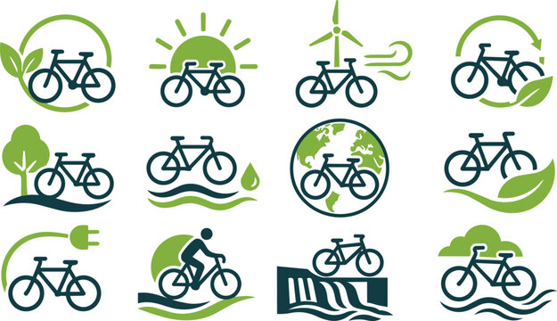 Collection of eco friendly bicycle icons representing sustainable transportation and green energy.