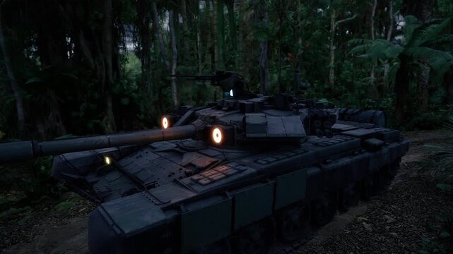 Rain soaked tank camouflaged under trees, droplets beading on armor plates, reflections from small running lights, wet mud on tracks, oppressive humid