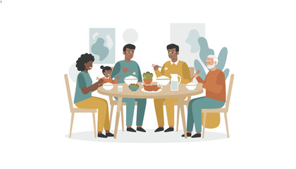 Fototapeta premium Multigenerational family sitting around a round dining table and enjoying a healthy meal together at home with chopsticks and food dishes.