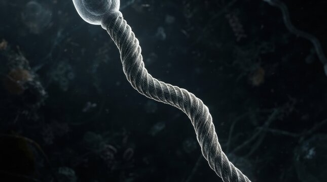 A detailed view of a sperm cell in 3D showing its flagellum structure. This representation is linked to fertilization and male reproductive health.