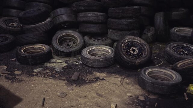 Corroded rims inside tire heap foreground, flaking paint, dirtfilled cavities, rust texture and muted workingyard atmosphere without people.