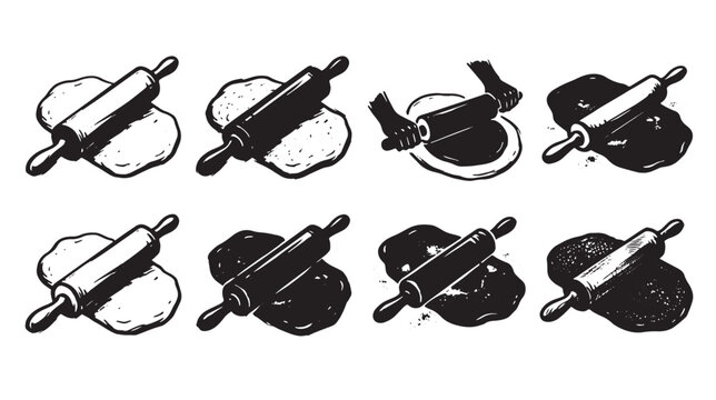 Collection of eight different hand drawn ink showing a rolling pin flattening dough in various stages on a graffiti white background