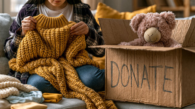 Donating Warmth: A person carefully folds a knitted sweater, preparing it for donation alongside a teddy bear in a cardboard box marked DONATE. Capturing the spirit of generosity and giving back.