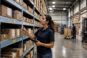 Fototapeta premium Industrial warehouse interior featuring metal shelving units, showcasing a functional logistics space.