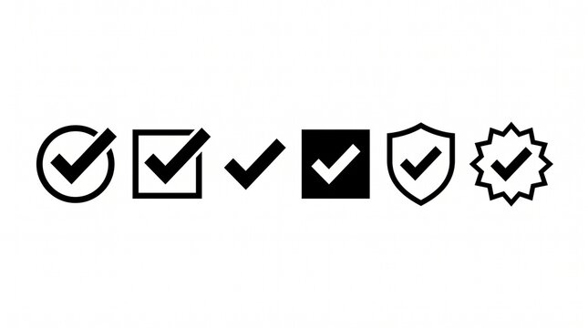 Set of five black checkmark icons inside varied shapes &mdash; circle, square, shield, starburst, plus standalone checkmark.
