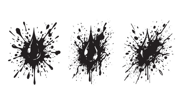 Collection of three graffiti black ink featuring water droplets and splashes isolated on a white background for