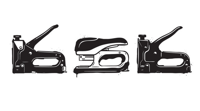 Set of graffiti black and white featuring heavy duty staple guns and a standard office stapler, isolated on a white background, for hardware