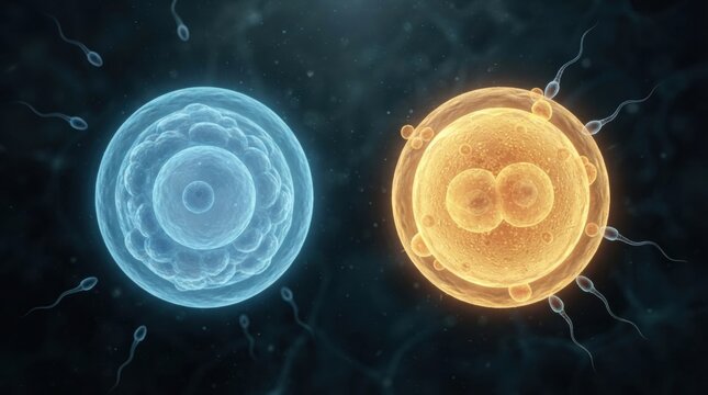 Sperm cells are depicted approaching an unfertilized egg in a detailed 3D render highlighting reproductive processes and health.