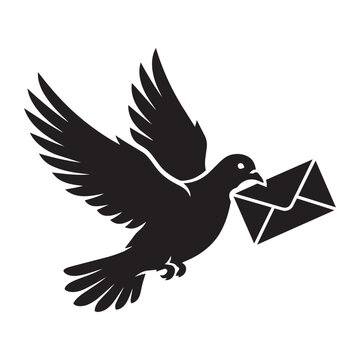 Silhouette of a flying dove carrying a mail envelope in its beak