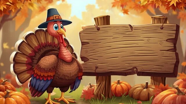 Cute Thanksgiving Turkey Standing Next to Empty Wooden Sign. 4K Video