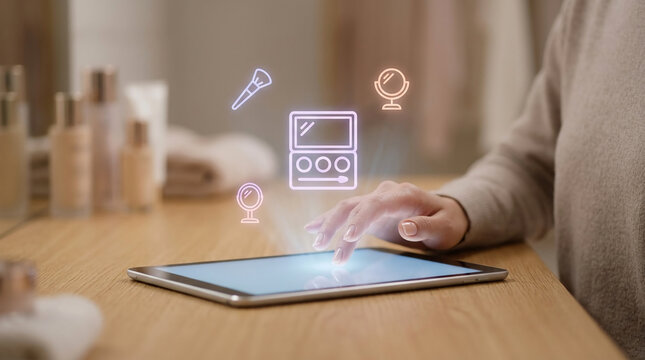 Woman using a digital tablet for virtual makeup selection with glowing augmented reality icons of eyeshadow palettes brushes and mirrors on vanity table