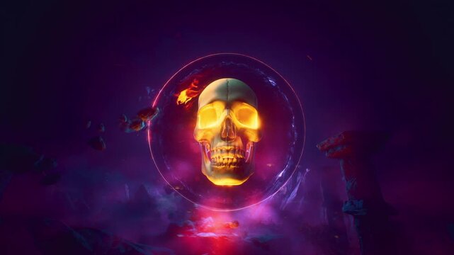 Eerie Human Skull Inside Ancient Portal With Red And Purple Lighting