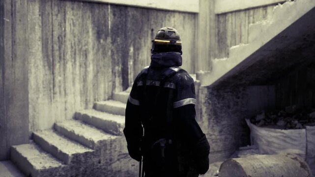 Helmeted firefighter conducting low light drill in concrete stairwell, practicing descent and search techniques with simulated smoke and tactical lighting
