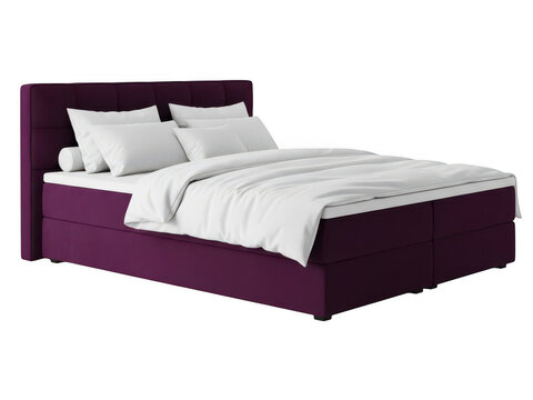 Modern purple double bed with white bedding and pillows isolated on transparent background