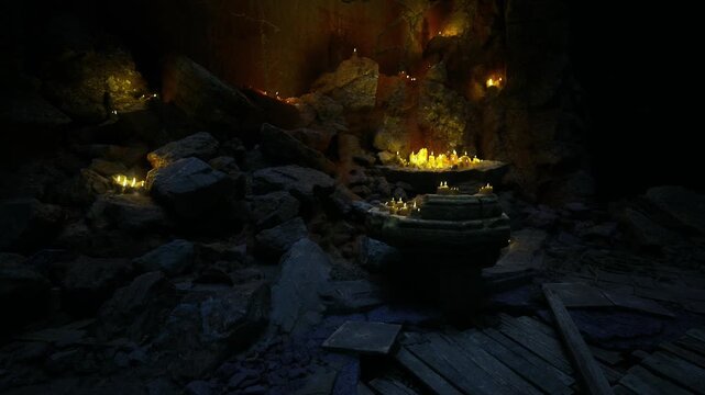 Ominous candlelit cavern with altar, gothic shadows and smoky ash creating suspenseful mood, props and stonework suggesting horror set or ritual tableau in dim