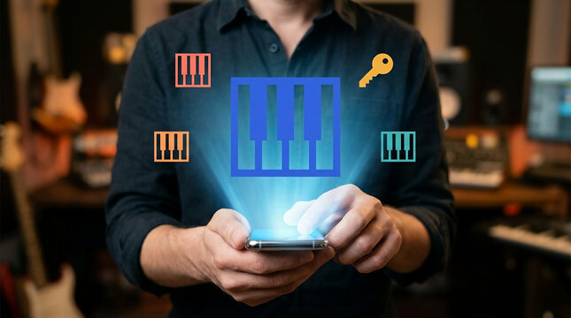 Professional Musician Using Mobile Smartphone App for Music Production and Composition in a Recording Studio with Glowing Digital Interface Icons
