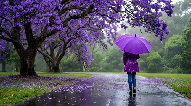 Scenic View of a Person Walking Under a Purple Umbrella on a Wet Path Beneath Blooming Purple Jacaranda Trees in the Rain