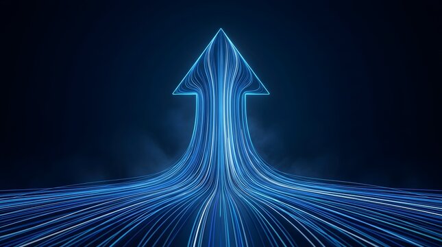 Glowing blue neon lines converging and merging into a single bright upward arrow representing technological progress and business growth