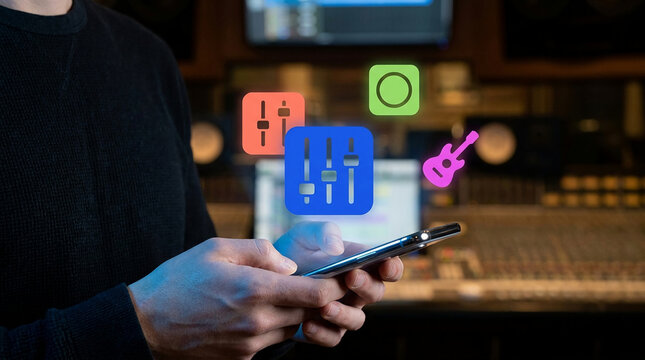 Music Producer Using Mobile App to Control Professional Studio Equipment Remotely with Glowing Icons of Mixing Console and Digital Audio Workstation