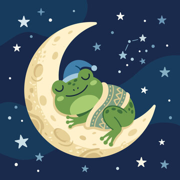 Cute green frog sleeping peacefully on a crescent moon