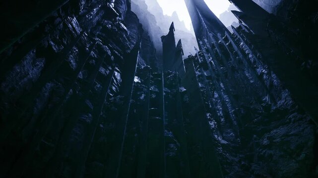 Ominous alien monoliths breach frozen sky glossy dark pillars rise from abyss, cold blue tones, unnatural geometry, faint bioluminescent glow, suitable
