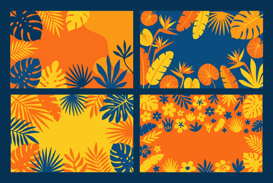 Tropical leaves and flowers on a dark blue background in four square panels