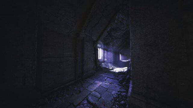 Long abandoned hall with distant light spilling through high window, cracked floor and scattered rubble create suspenseful exploration scene dust motes,