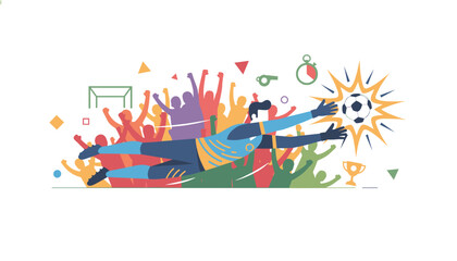 Obraz premium Cheering crowd celebrates behind a soccer goalkeeper who makes a spectacular save to protect the goal during an intense football match.