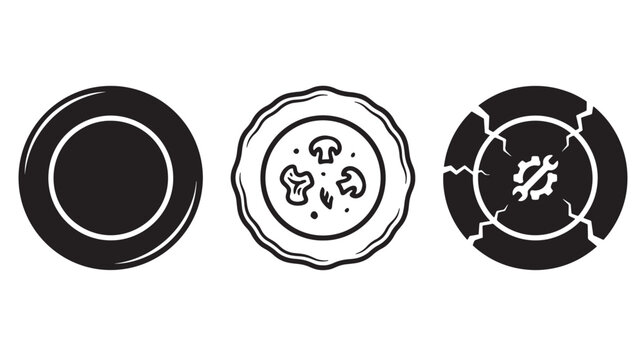 Three graffiti black ink of a plate, a bowl of soup, and a broken plate with tools isolated on a white background, for kitchen