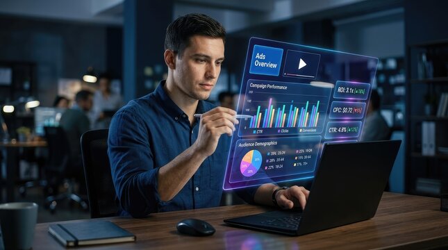 Man in blue shirt working on laptop with futuristic data visualization interface in modern office