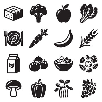Vector icon set of healthy plant-based food, vegetables, fruits, grains, and vegan ingredients