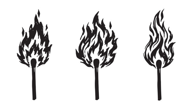 Three hand-drawn of burning matchsticks with large, stylized graffiti black flames, rendered in an ink style, isolated on a white background