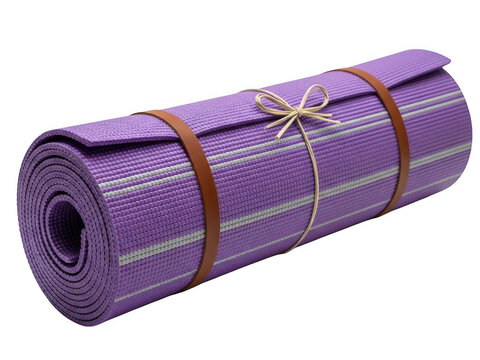 Purple yoga mat rolled up with brown carrying straps isolated on transparent background