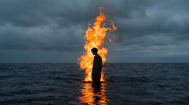 Surreal Portrait of a Man Standing in the Ocean with a Towering Flame Against a Stormy Sky