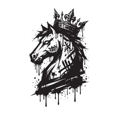 Obraz premium Black and white of a horse head wearing a crown with ink drip and splatter effects and graffiti style markings on a white background