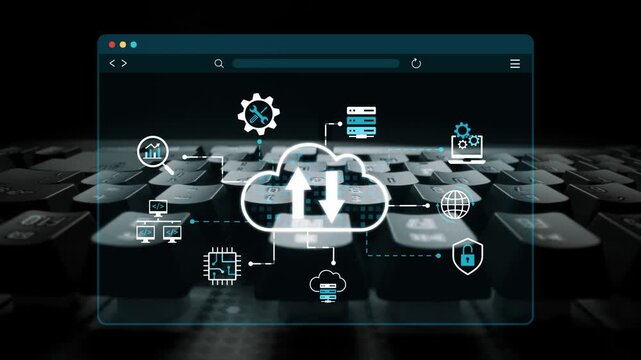 Modern Digital Cloud Technology Concept Showcasing Data Transfer, Networking, and Online Security with Icons on a Keyboard Background. Entropy.