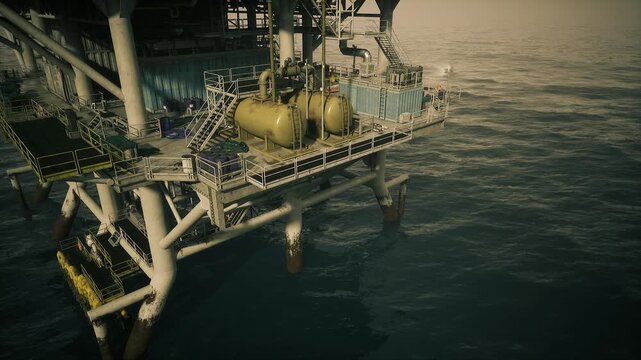 Oil rig platform edge meeting choppy sea and spray, dynamic water texture and structural exposure, scene conveys resilience under challenging weather conditions