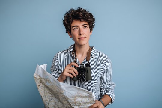 Young Female Traveler Planning Journey with Map and Binoculars