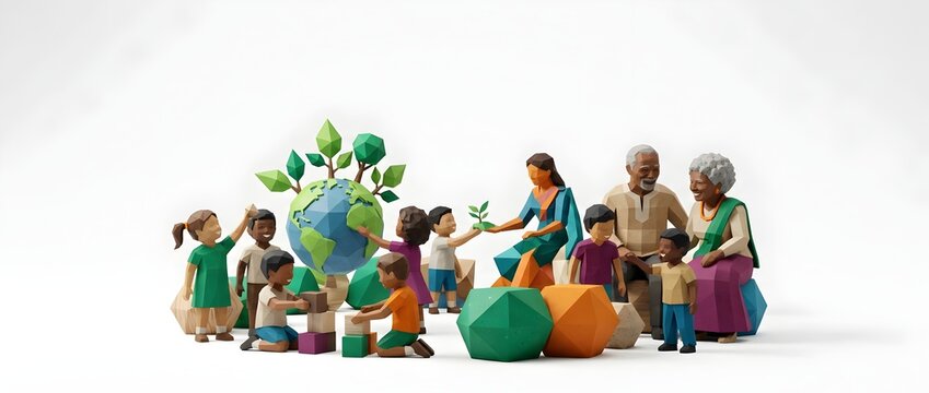 Diverse multi-generational family and children interacting with a globe