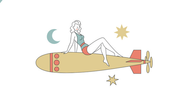 Minimalist illustration featuring a woman in a vintage bathing suit sitting on a submarine torpedo surrounded by moon and star shapes.